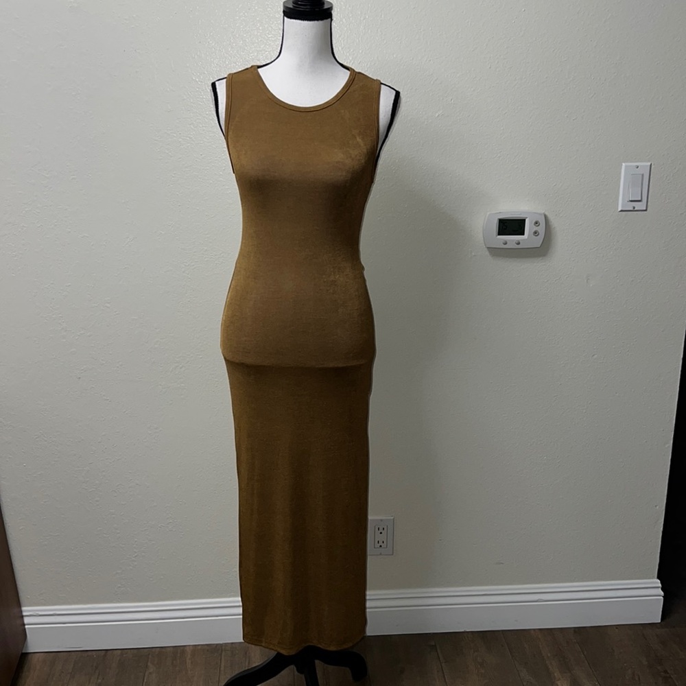 Olive Green Slinky Knit Open Cut-Out Back Side Slit Sleeveless Midi Dress